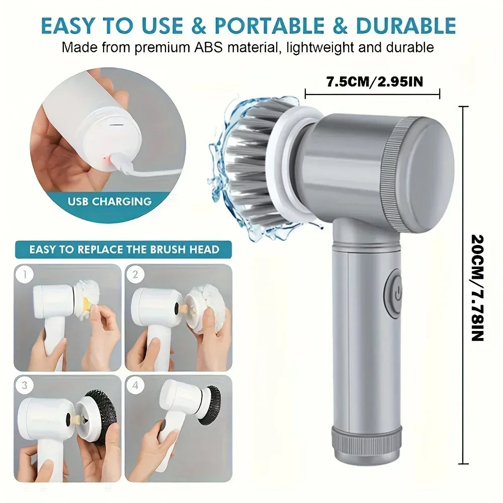 Electric Cordless Spin Scrubber with 5 Replaceable Brush Heads