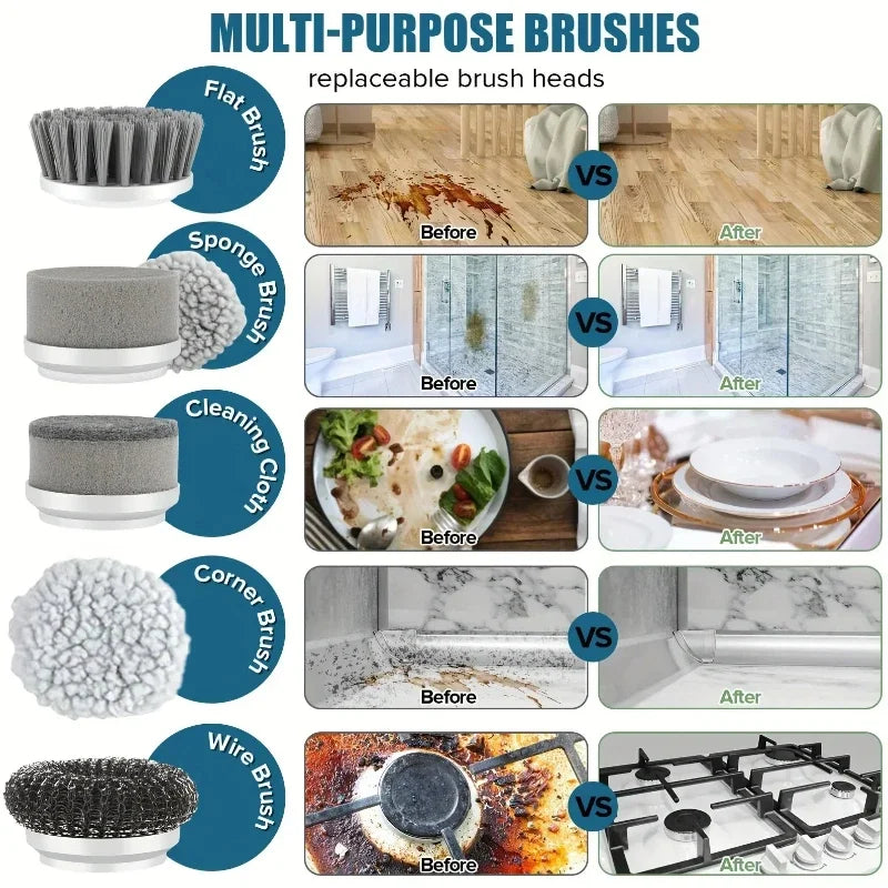 Electric Cordless Spin Scrubber with 5 Replaceable Brush Heads